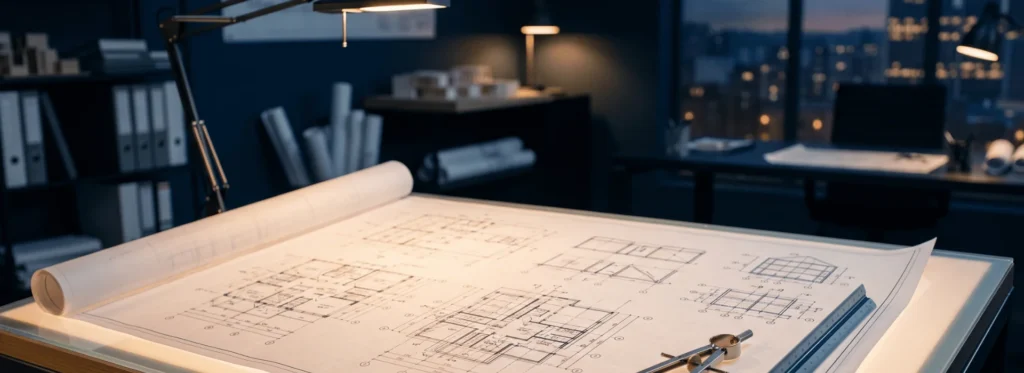 Technical MEP drawing on a lightbox table with drafting tools