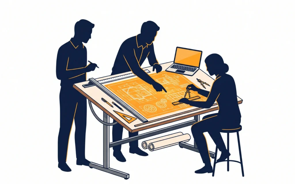 Illustration of the Ceyload MEP engineering team collaborating on a drafting table