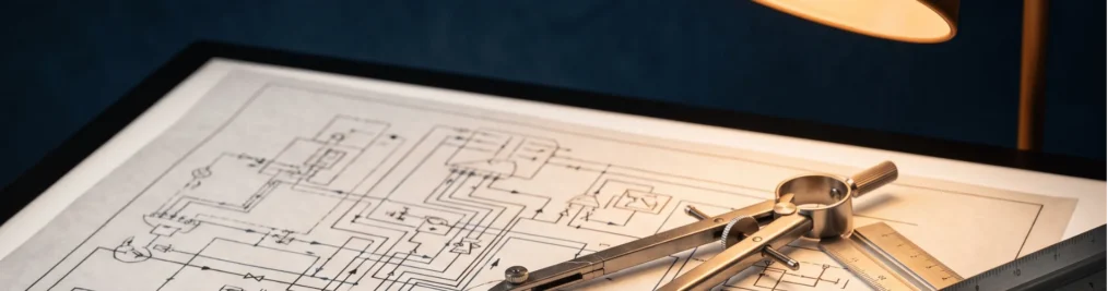 2D MEP drawing sheet on a lightbox table with drafting tools