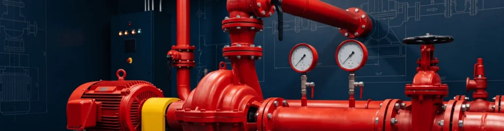 Fire pump room with sprinkler piping and pressure gauges