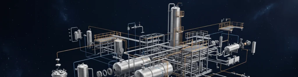Exploded-view mechanical plant assembly with tanks, pumps and pipe racks