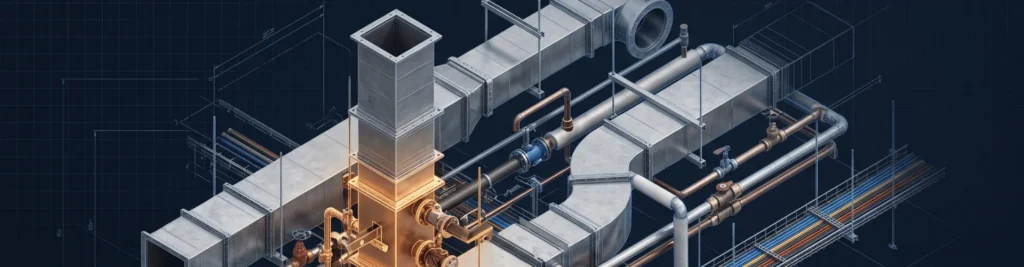 Isometric Revit MEP BIM model of ducts, pipes and cable trays
