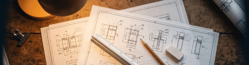 Fabrication shop drawings with scale ruler and pencil
