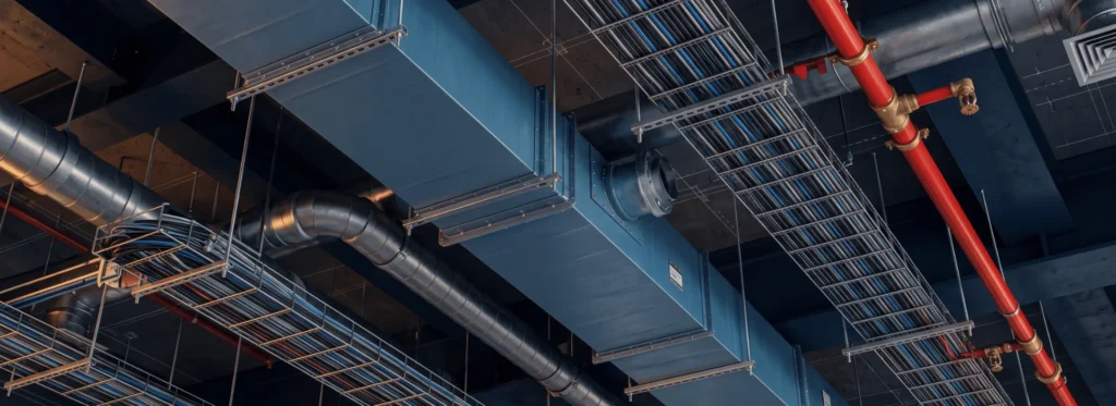 HVAC ductwork, electrical trays and fire-sprinkler line in a mechanical room ceiling